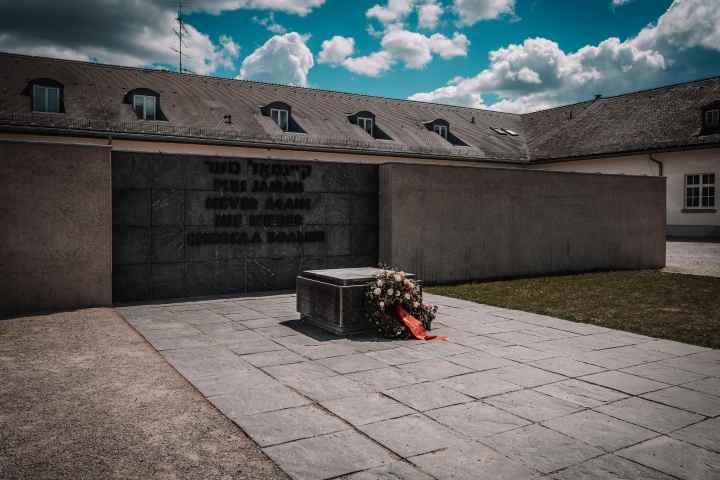 a person sitting in front of a brick building
