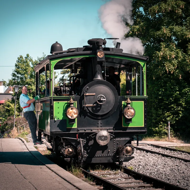 Person boarding a green steam locomotive on sunny day, surrounded by trees.