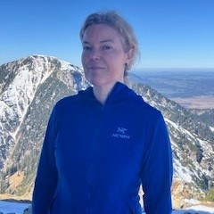 Person in blue jacket standing on snowy mountain with distant valley view.